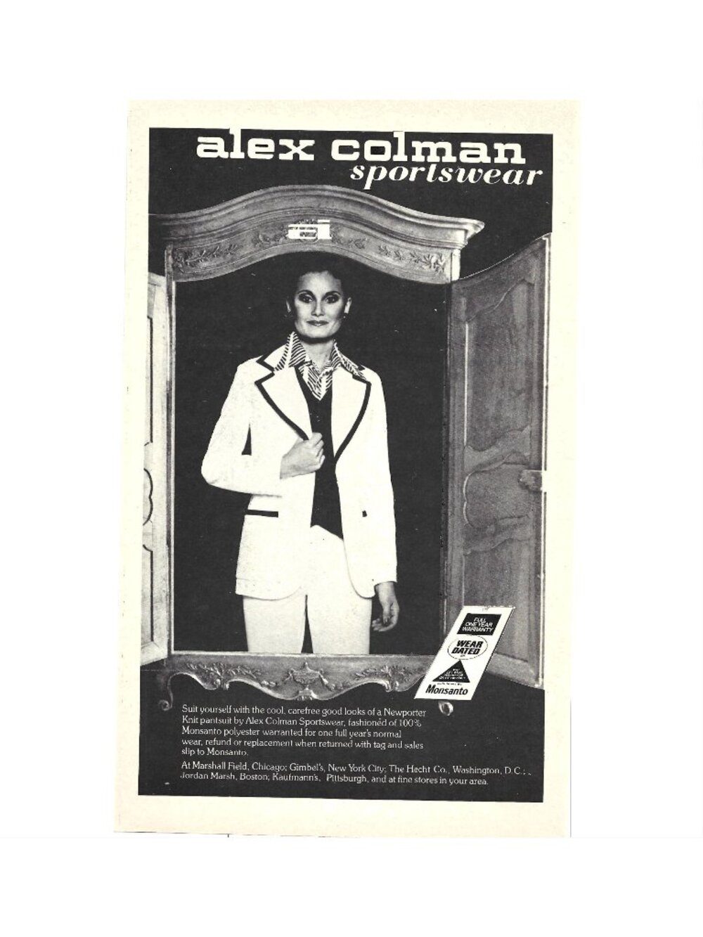 Print Ad Alex Colman Sportswear Newporter Knit Fashion 1970s Monochrome Vintage